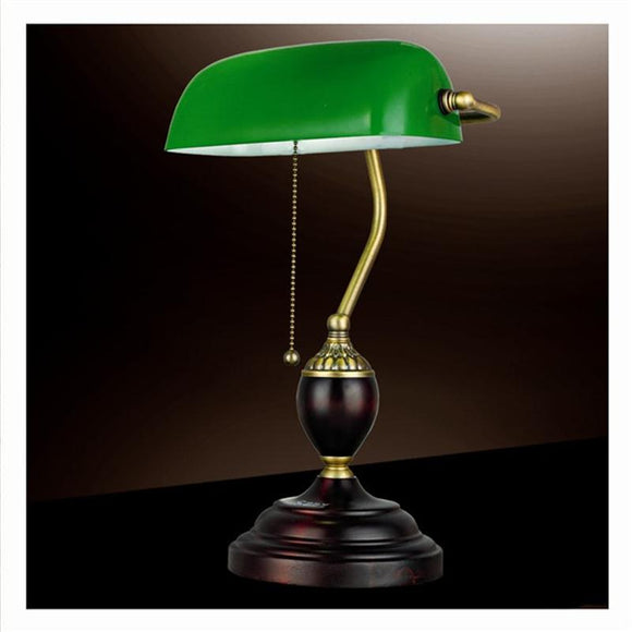 Retro Table Lights Emerald Green Glass Power Bank Office Desk Lamp Red Wood Vintage Reading Light